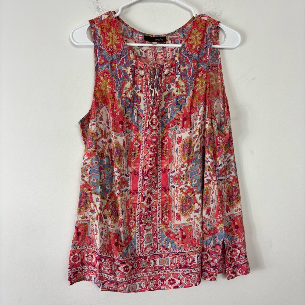 Crosby Sleeveless Blouse Womens S Tie Neck Bright Colorful Patterned Boho Hippie